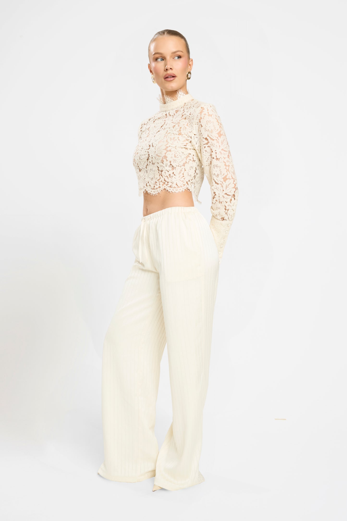 SATIN FLARED PANTS  | TEXTURED IVORY CREAM