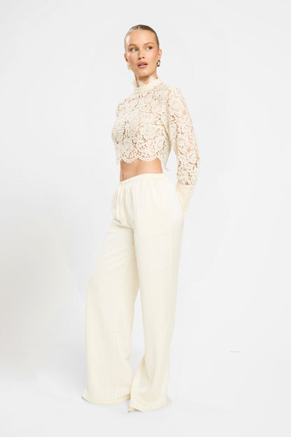SATIN FLARED PANTS  | TEXTURED IVORY CREAM