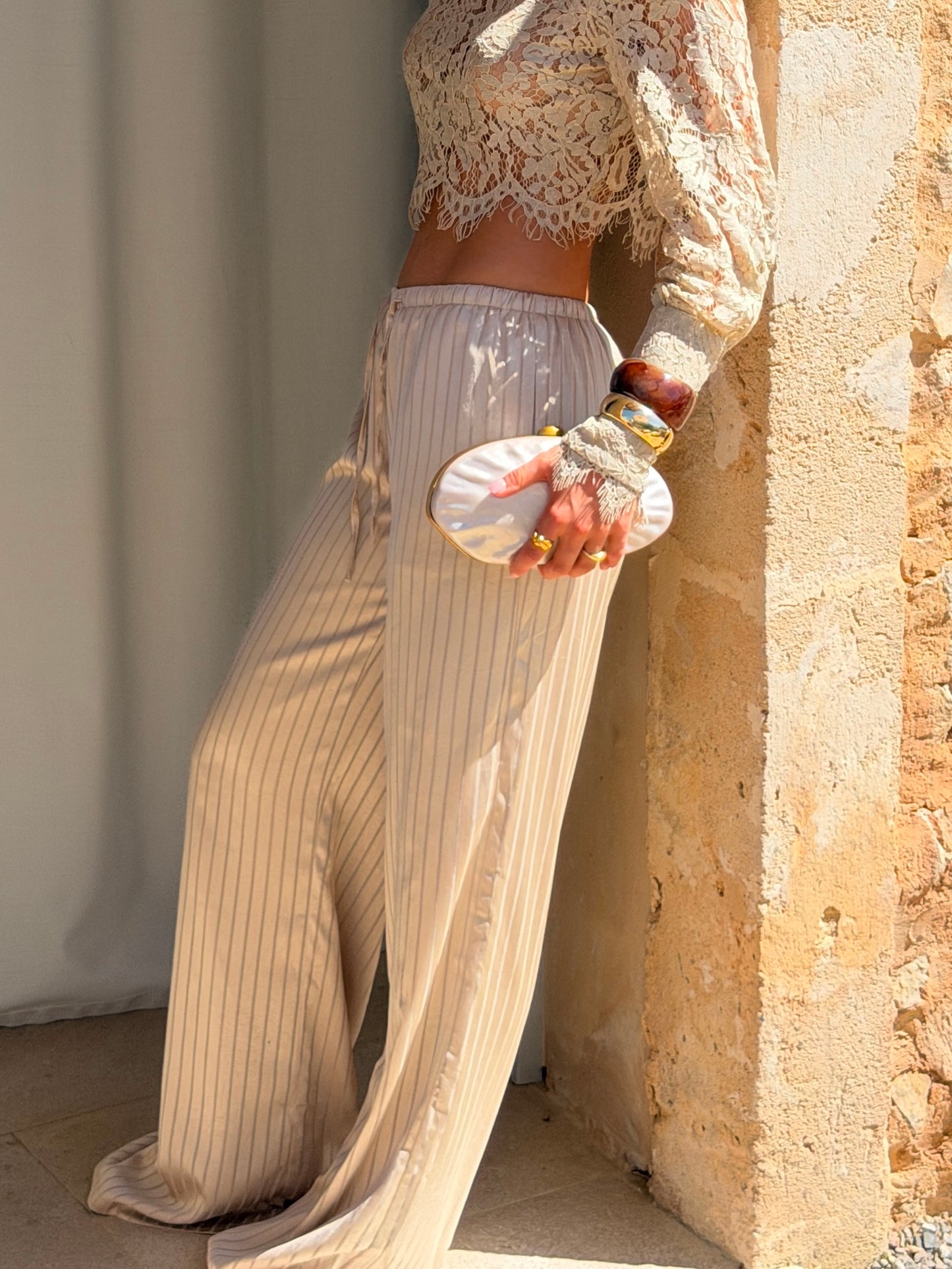 PIN STRIPE FLARED PANTS | GOLD SATIN