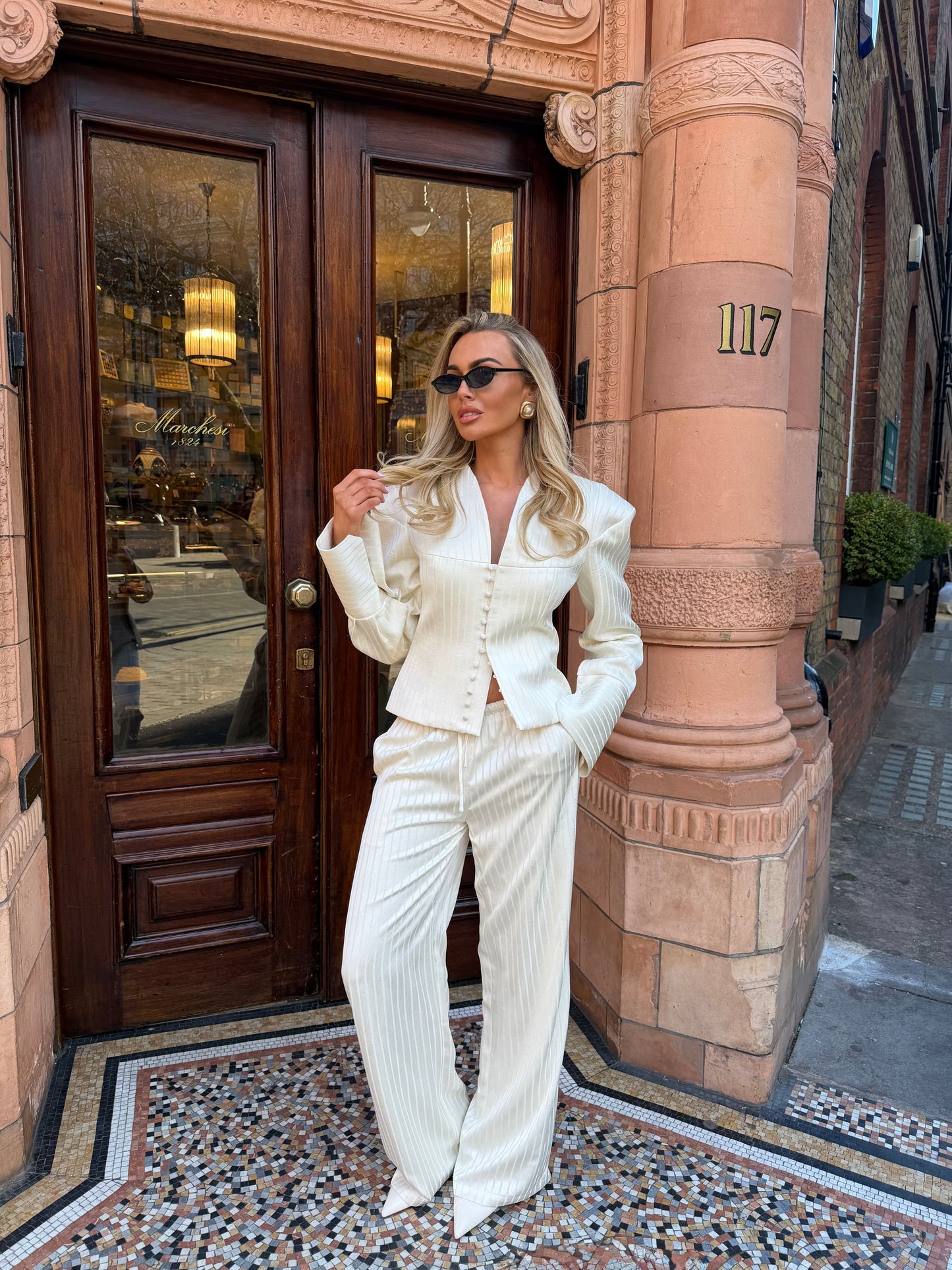 PINSTRIPE FLARED PANTS | BUTTERMILK SATIN