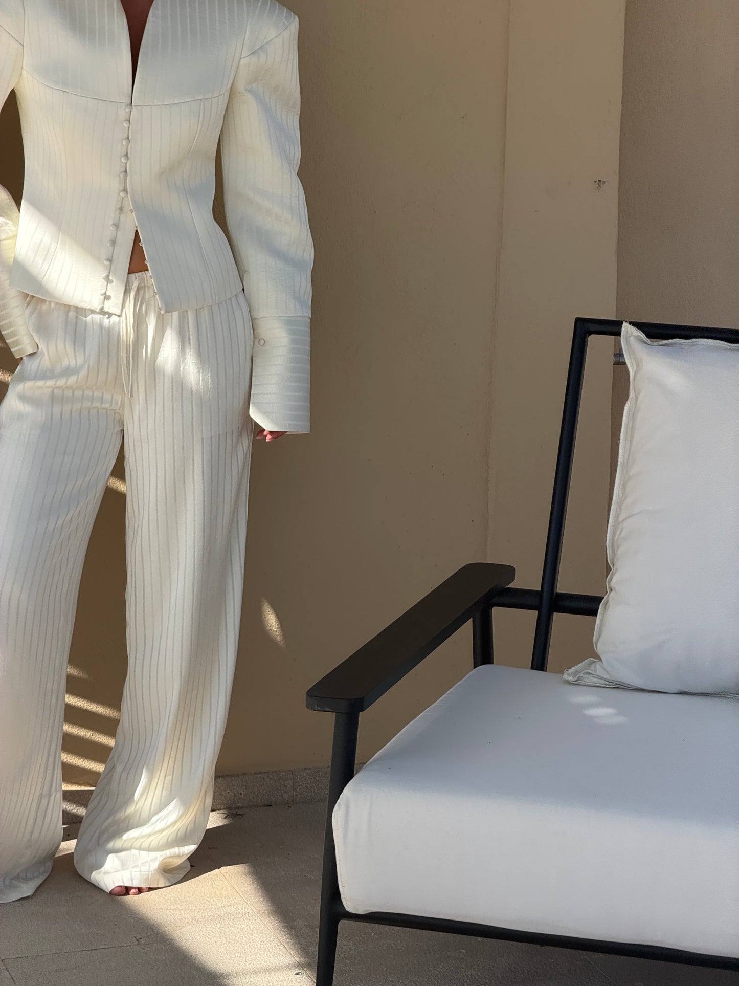 PINSTRIPE FLARED PANTS | BUTTERMILK SATIN