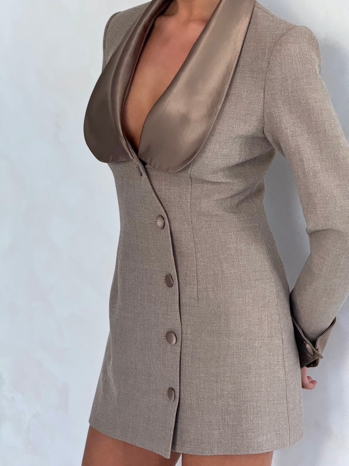 MABEL BLAZER DRESS | TAUPE SATIN